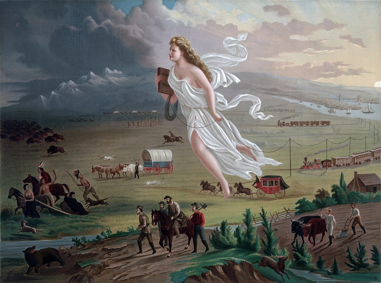 This painting shows Manifest Destiny, the belief in westward expansion of the United States from the Atlantic to the Pacific Ocean. It was widely distributed as an engraving called "Spirit of the Frontier". Settlers are moving west, guided and protected by Columbia, aided by modern technology like railroads, and driving Native Americans and bison into obscurity. Columbia represents America, dressed in a Roman toga to represent classical republicanism, and brings the enlightened east to the darkened west.